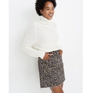 Madewell Women's Leopard Animal Print Rigid Denim A-Line Raw Hem Mini Skirt 26